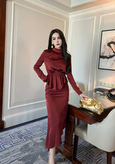 Mock Neck Pleated Peplum Cocktail Dress S / DarkRed